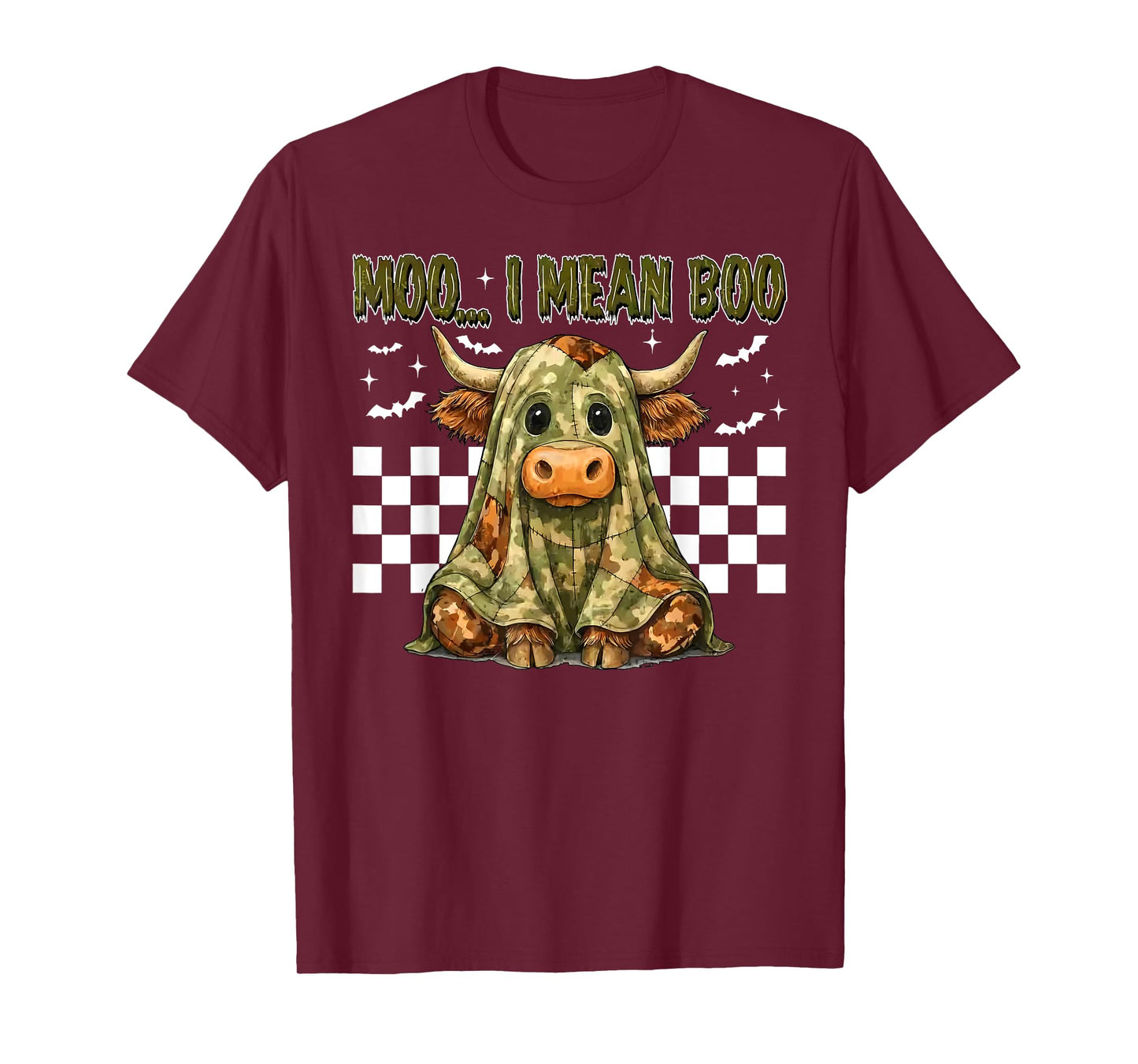 Checkered Moo I Mean Boo Green Camo Patchwork Spooky Ghost T-Shirt