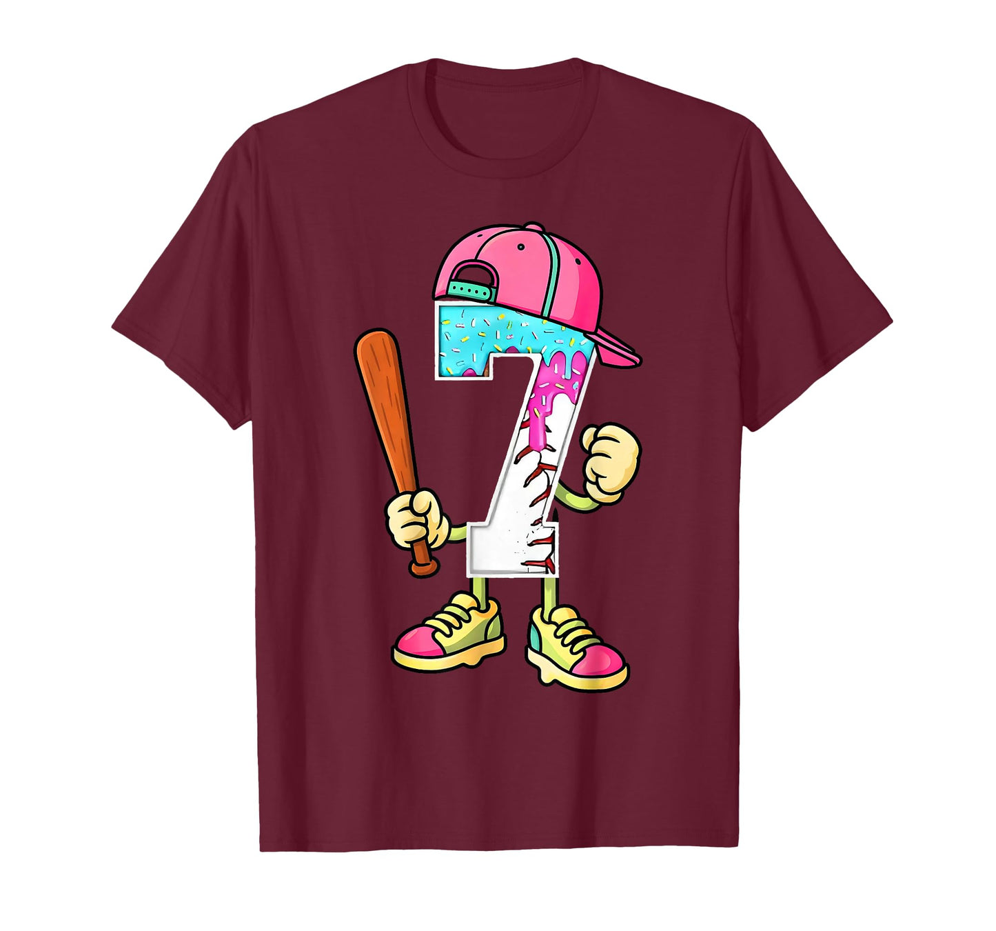 Baseball 7th Birthday Boy Ice Cream Drip 7 Yr Old Birthday T-Shirt