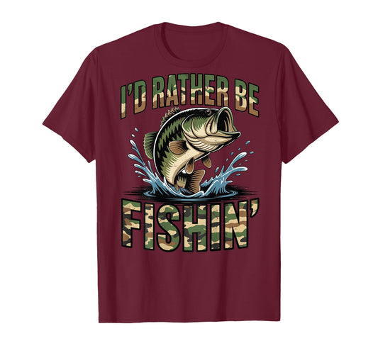 Youth Id Rather Be Fishing Camo Old School Bass Fish Funny T-Shirt