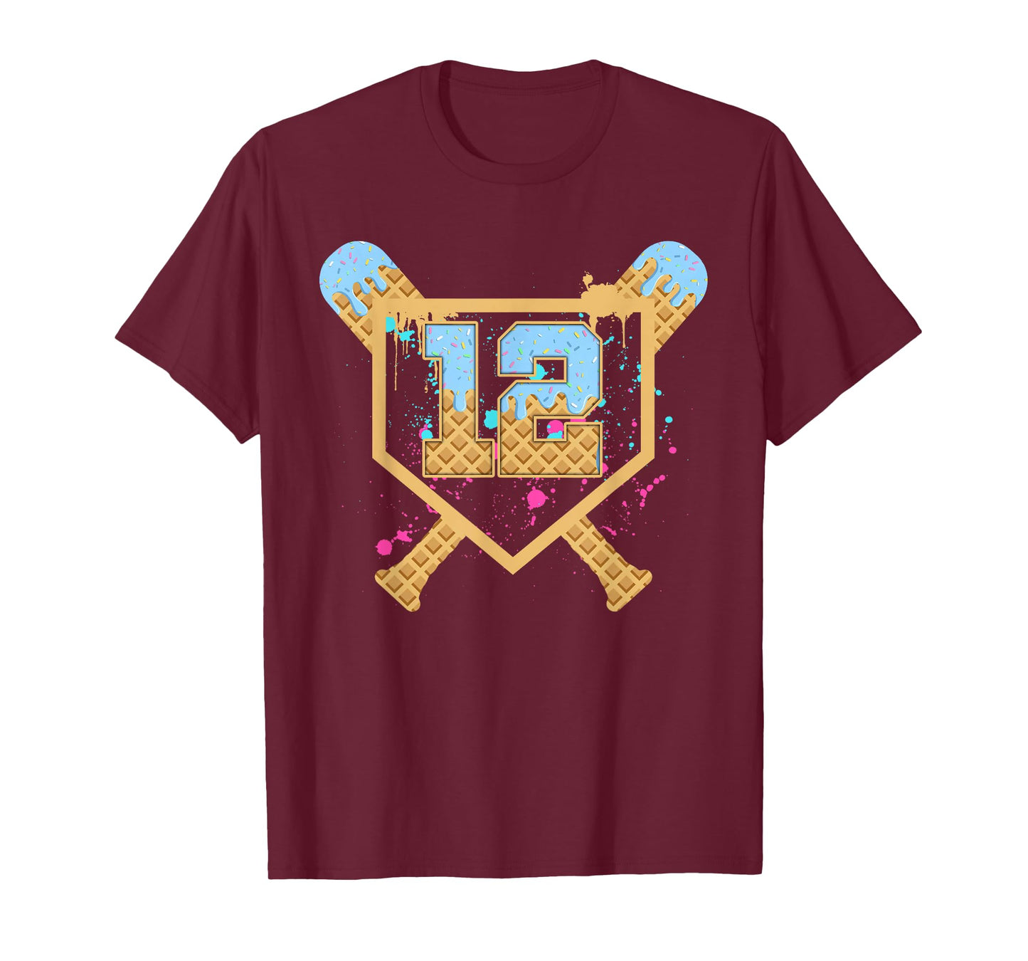Baseball 12 Year Old Ice Cream Drip 12th Birthday Number 12 T-Shirt