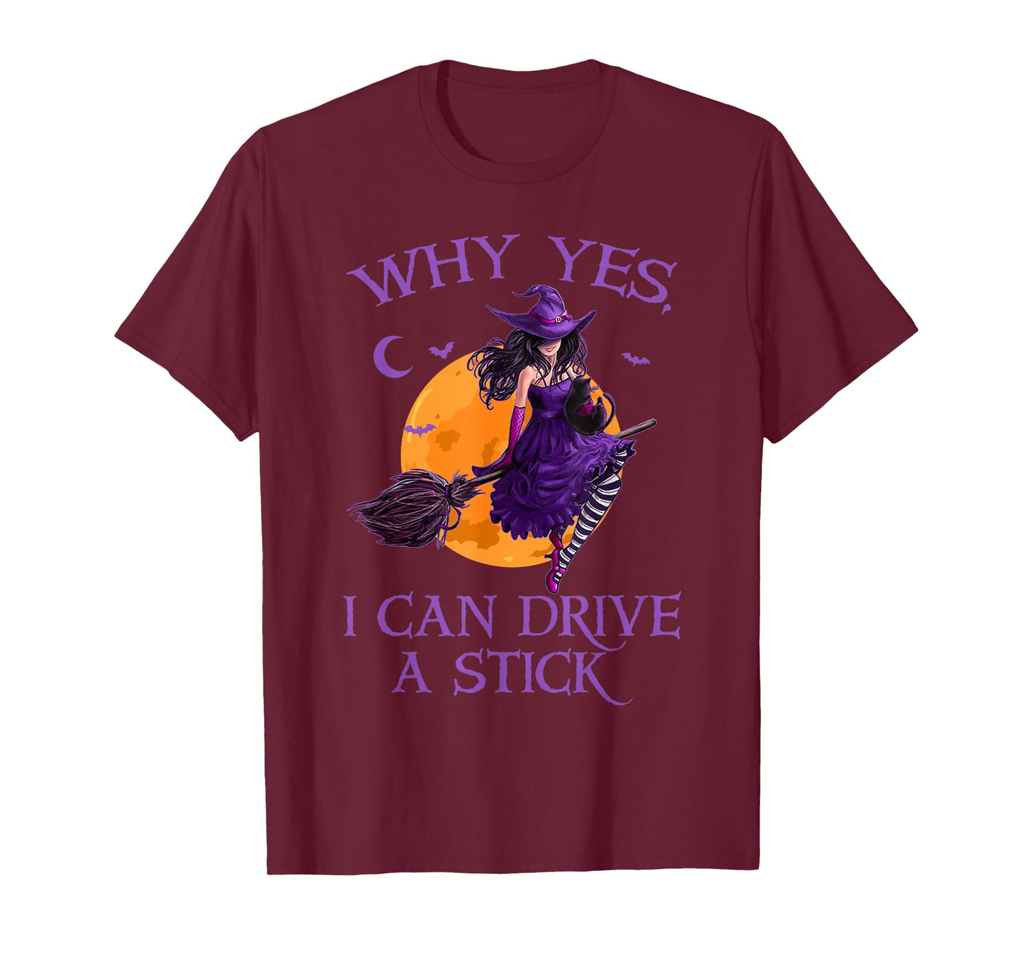 Why Yes I Can Drive A Stick Witch Black Cat Halloween Women T-Shirt