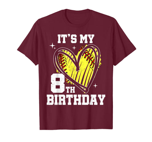 It's My 8th Birthday Softball Heart 8 Year Old Birthday T-Shirt