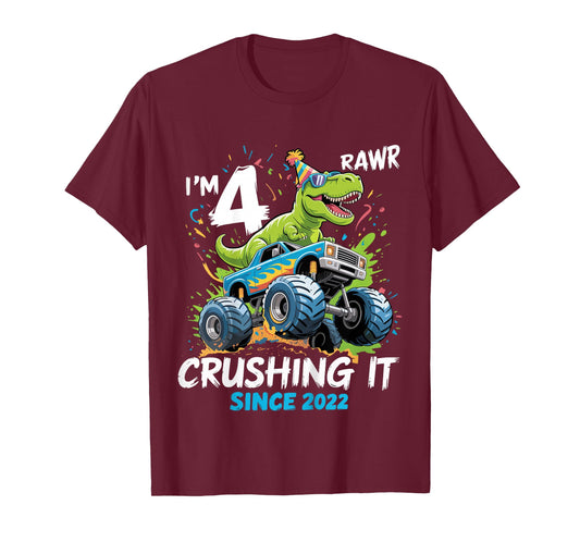 Kids 4th Birthday Monster Truck Dinosaur 4 Year Old boy Born 2022 T-Shirt
