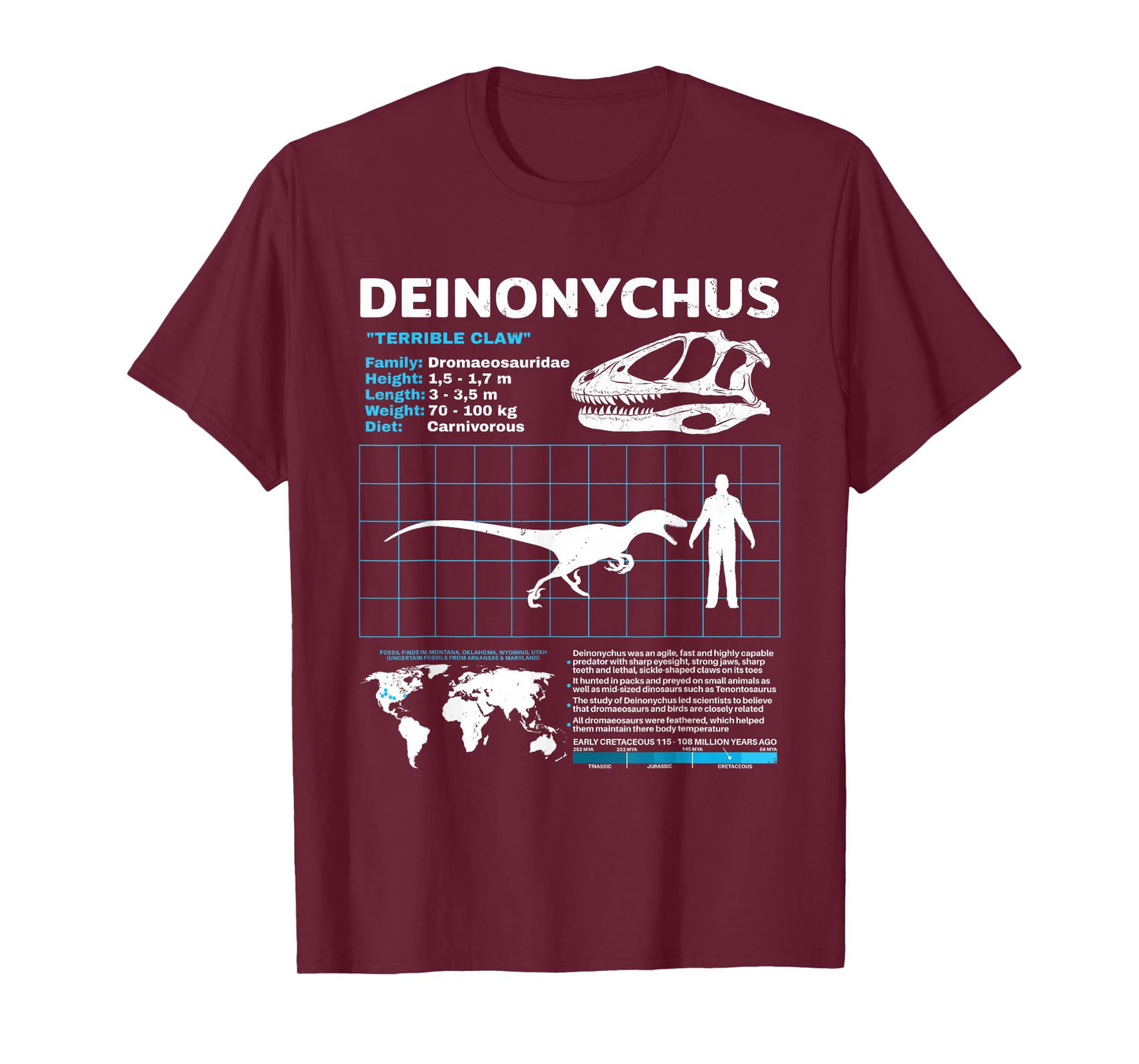 Deinonychus Fact Sheet Skull Fossil T-Shirt