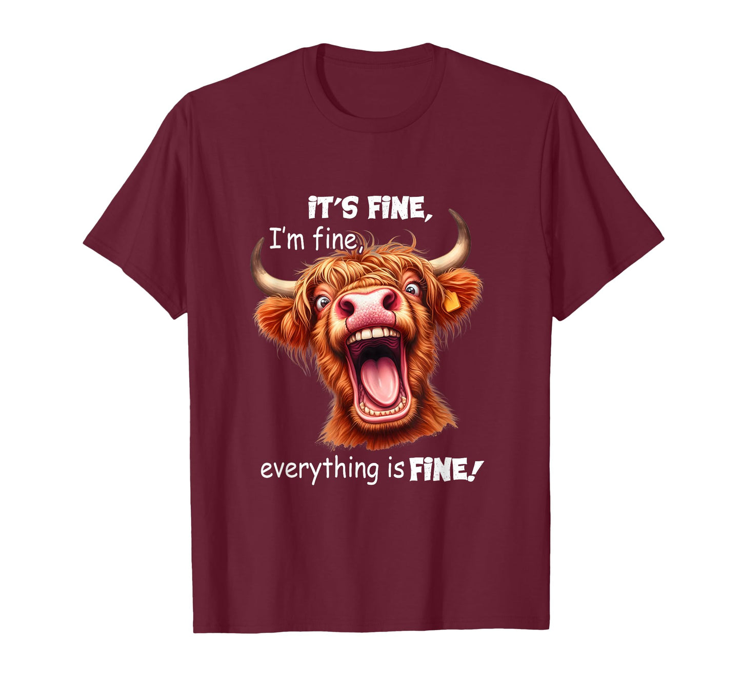 Funny Highland Cow It's Fine I'm Fine Everything Is Fine T-Shirt, Small, Black
