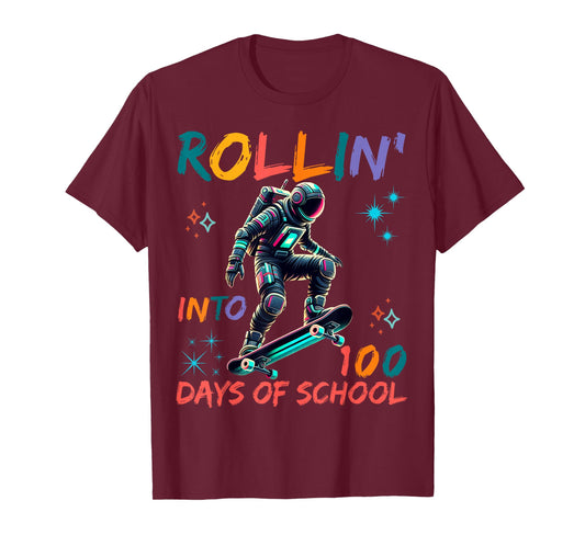 Rollin’ Into 100 Days of School Astronaut Skateboard Space T-Shirt