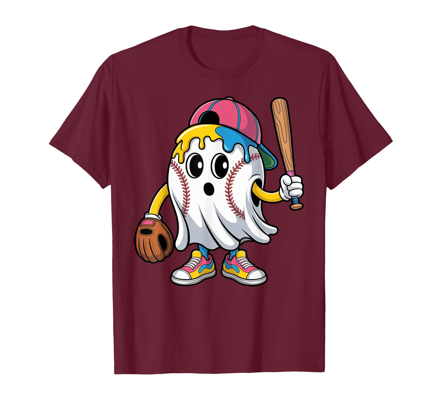 Ice Cream Drip Ghost Baseball Spots Baseball Funny Halloween T-Shirt