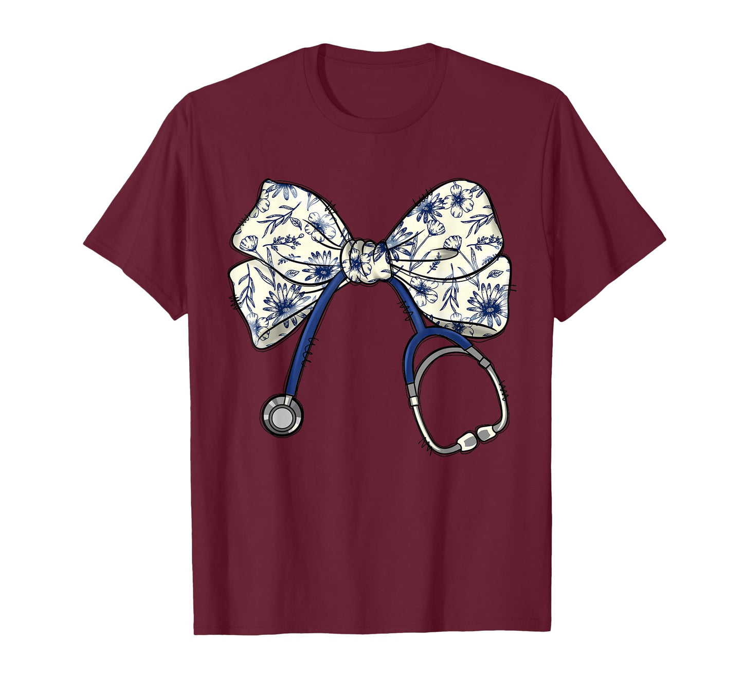 Floral Blue Coquette Bow Nurse Stethoscope Nursing Doctor T-Shirt