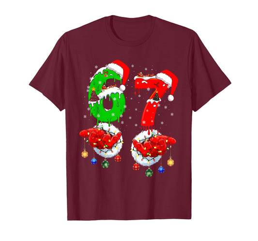 Funny Six Seven 67 Meme 6 7 Christmas Santa Hand Boys Teen T-Shirt