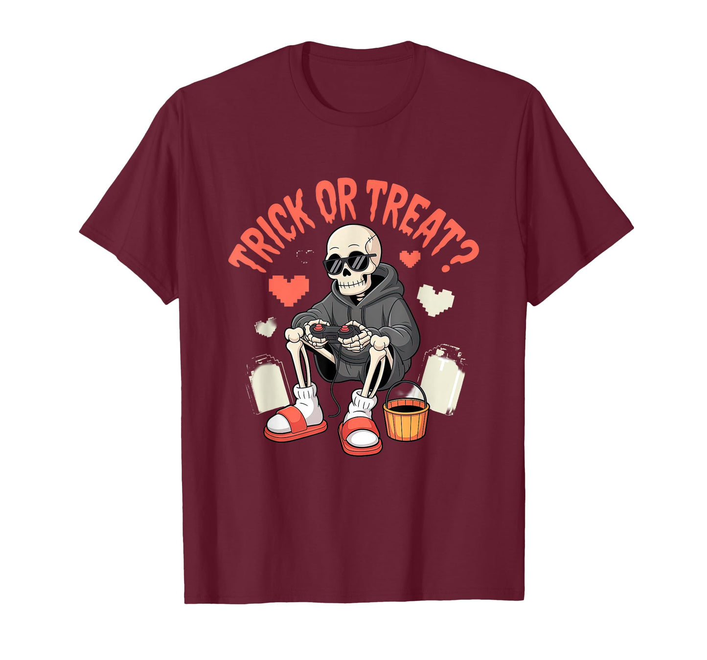 Gamer Skeleton with Controller Spooky Pixel Retro Style T-Shirt