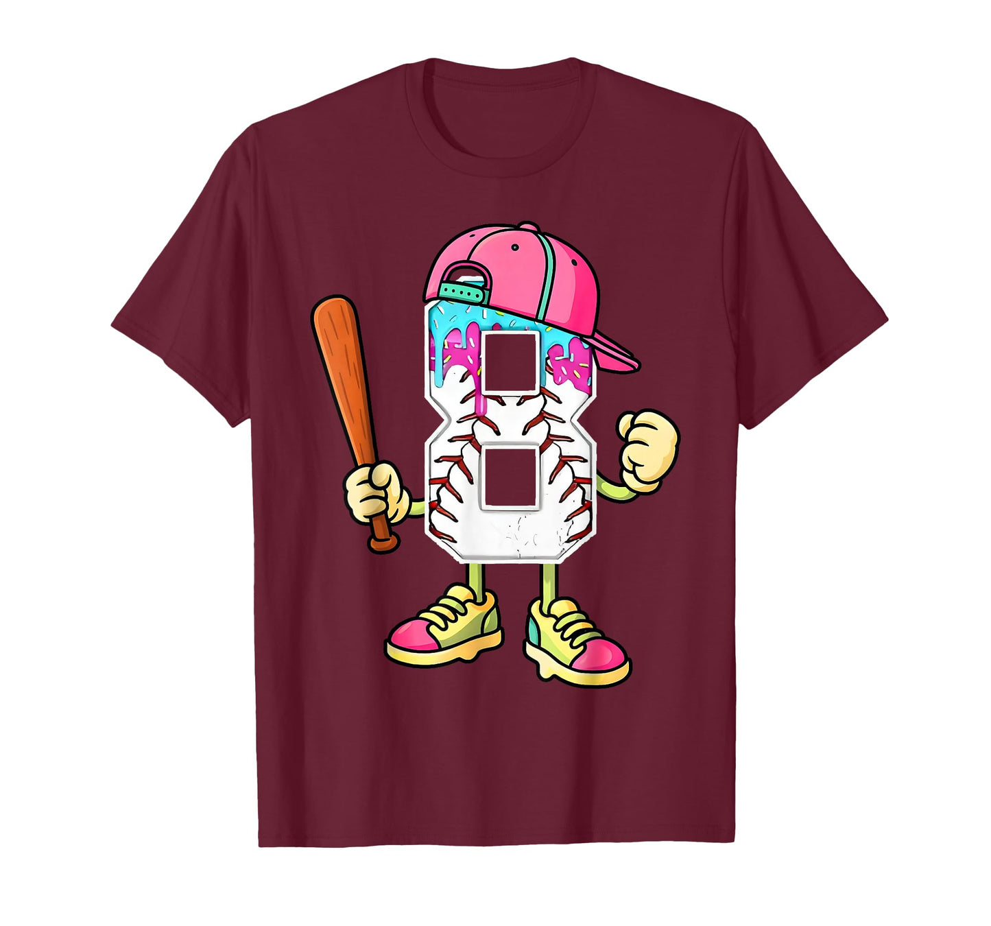 Baseball 8th Birthday Boy Ice Cream Drip 8 Year Old Birthday T-Shirt