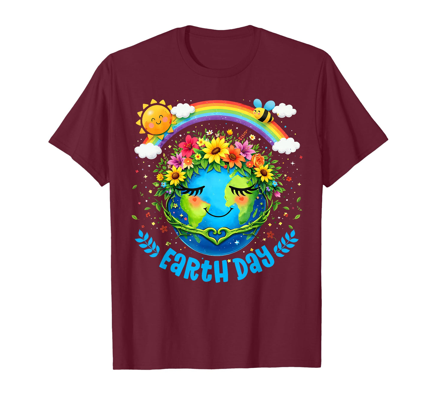 Happy Earth Day Cute Earth Floral Crown Rainbow Heart T-Shirt