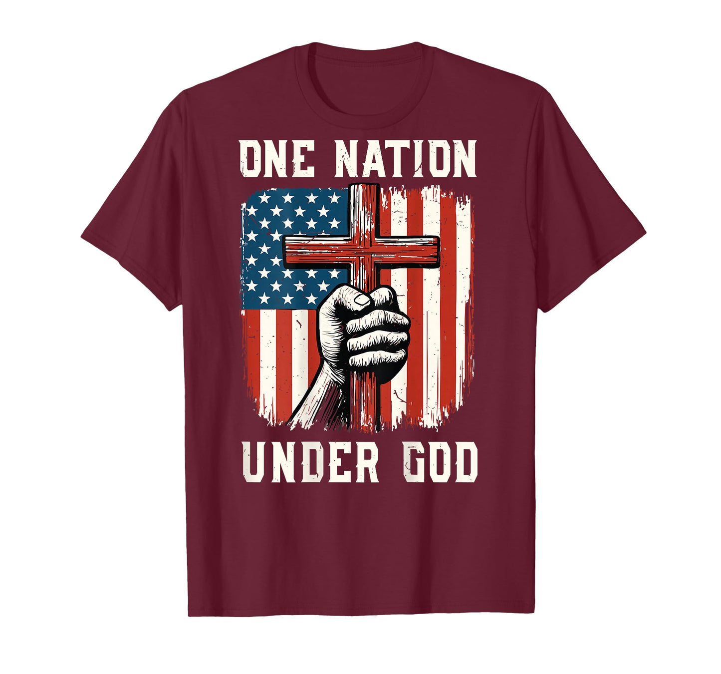 On-Back One Nation Under God Patriotic Christian Faith Cross T-Shirt