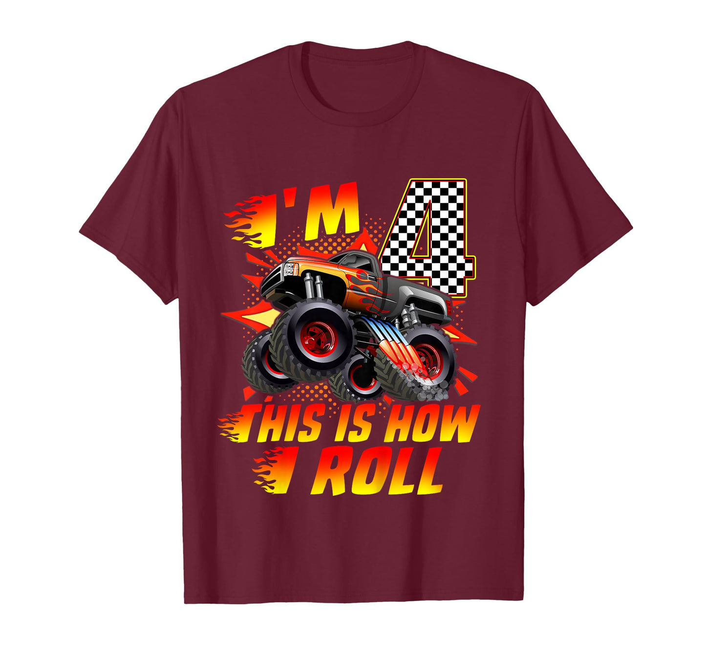Kids I'm 4 This Is How I Roll Monster Truck Car 4th Birthday Boys T-Shirt