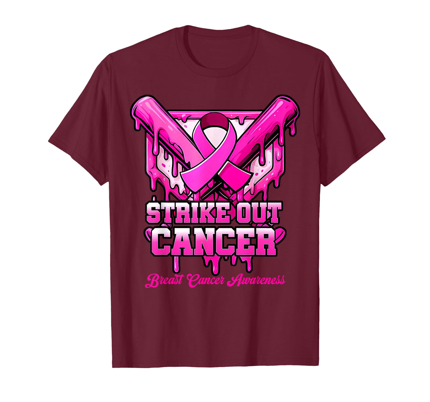 Strike Out Breast Cancer Awareness Baseball Drip Pink Ribbon T-Shirt