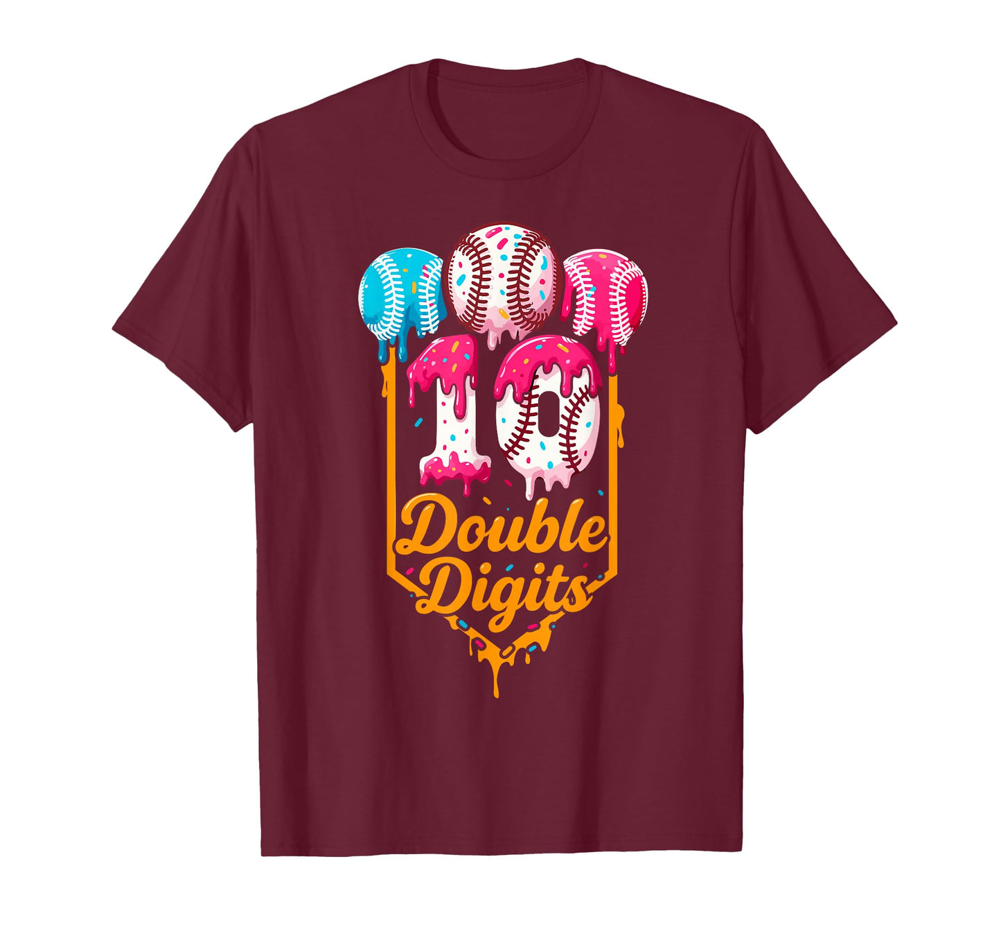 Dripping Baseball 10th Birthday Boys Double Digits Ice Cream T-Shirt
