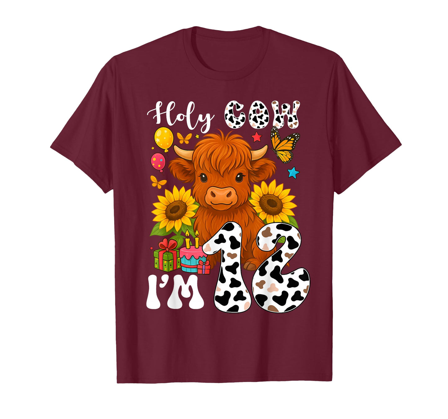 Holy Cow I'm 12 Years Old Farm Cow Sunflowers 12th Birthday T-Shirt