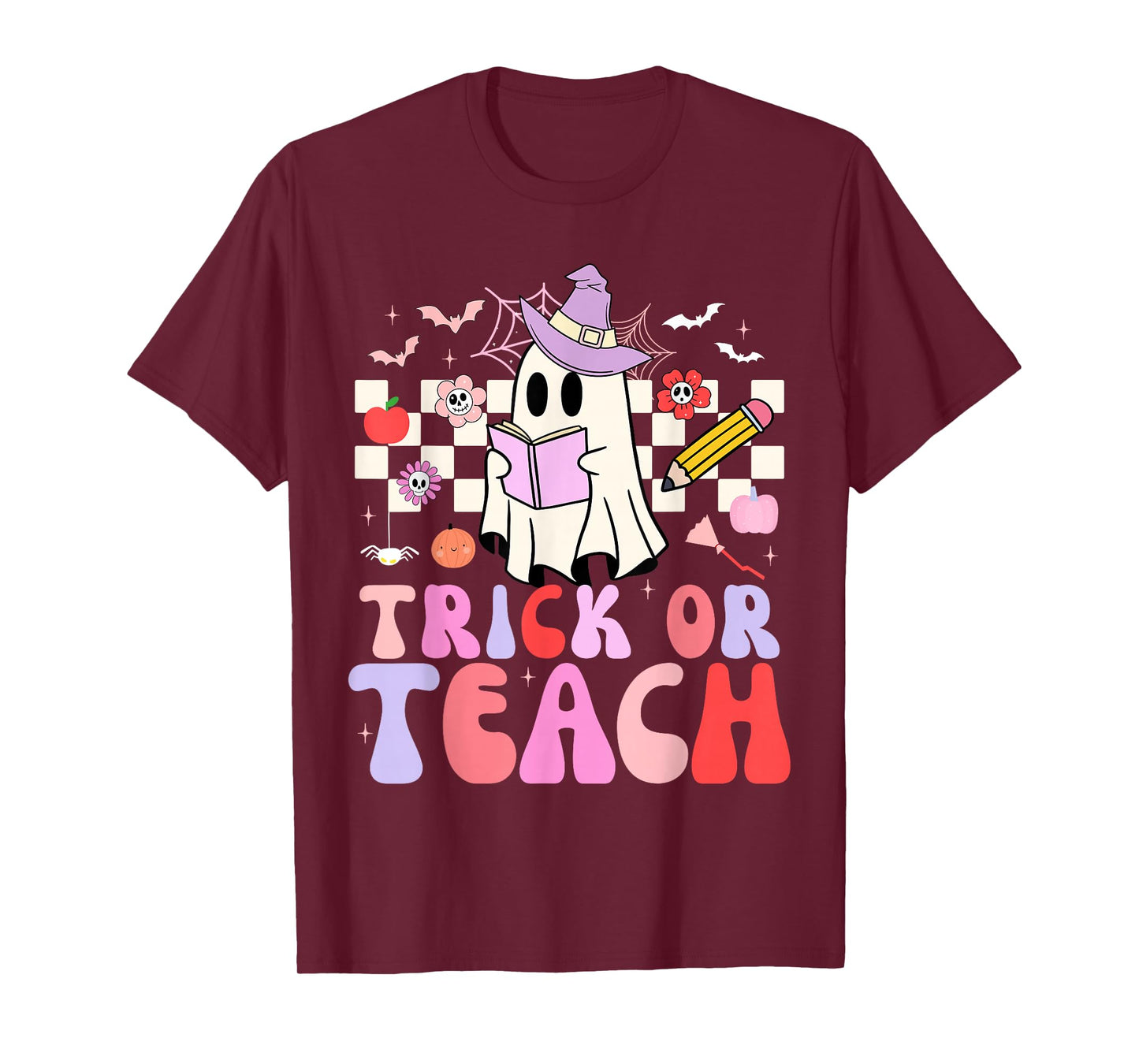 Trick Or Teach Groovy Teacher Halloween Retro Floral Ghost T-Shirt