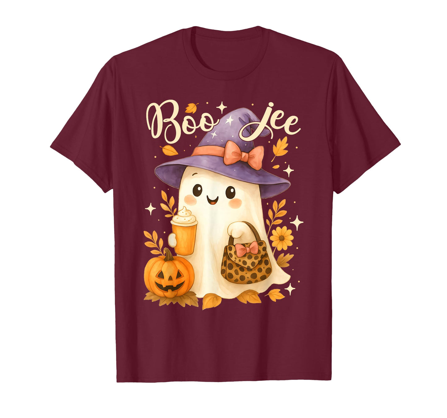 Cute Boo Jee Witch Ghost Halloween Coffee Latte Leopard T-Shirt