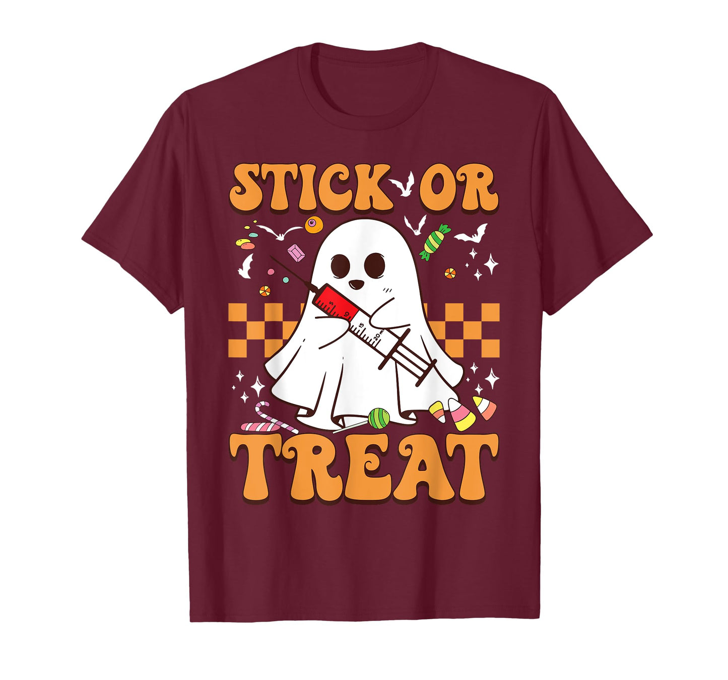 Retro Stick Or Treat Cute Ghost Nurse Phlebotomist Halloween T-Shirt