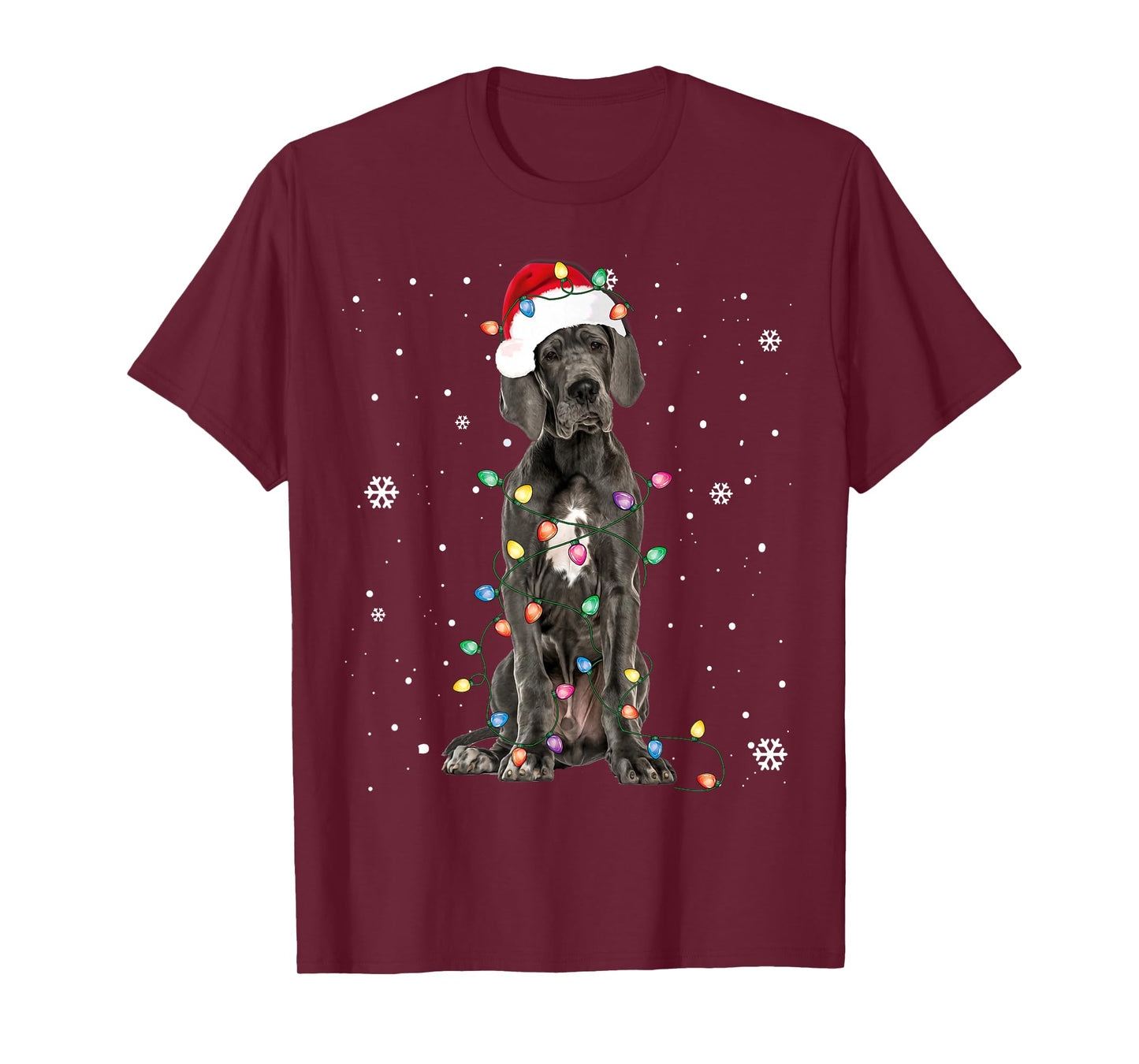 Great Dane Christmas Santa Hat Fairy Lights Pajama Dog Lover T-Shirt
