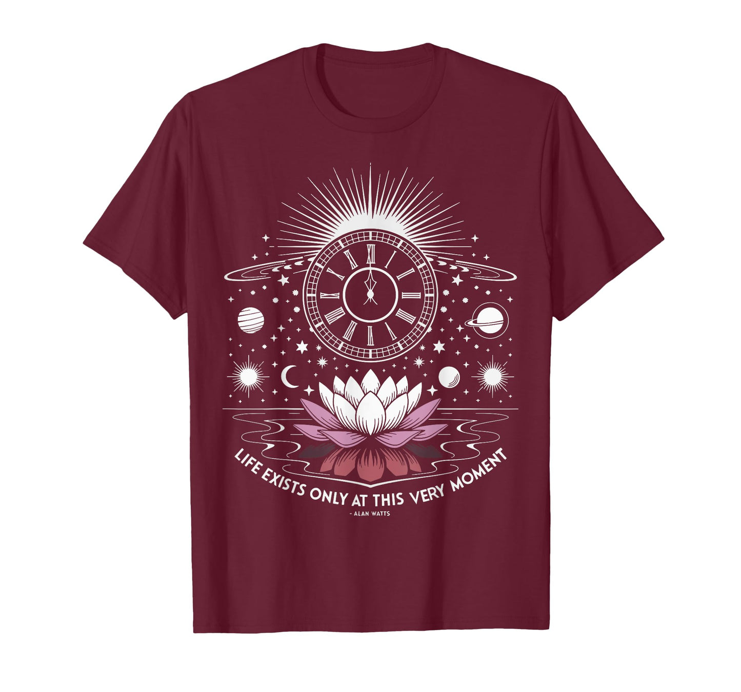 Alan Watts Quote Lotus Clock Galaxy Present Moment Space T-Shirt