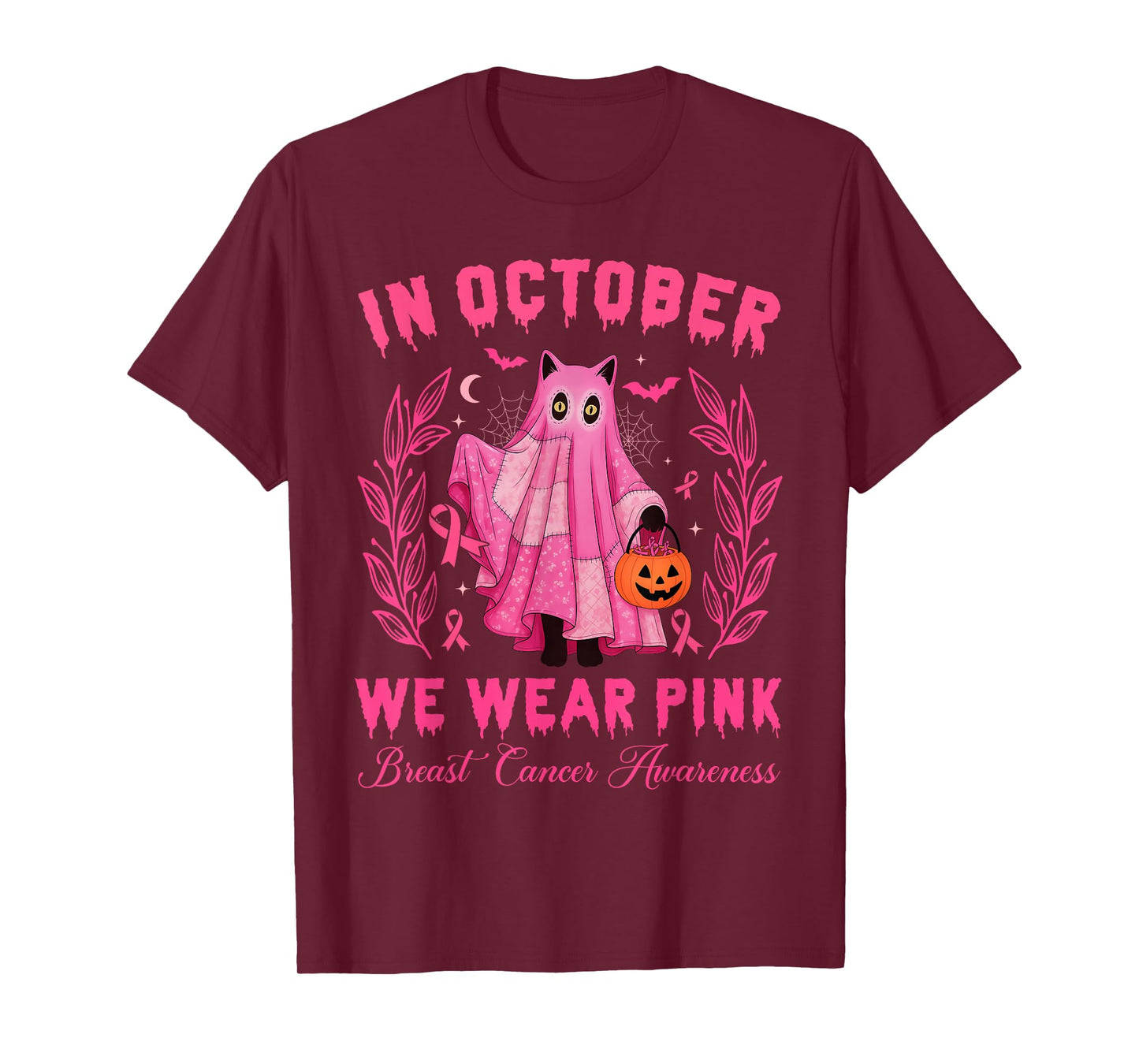 in October, We Wear Pink Halloween Black Cat Cute T-Shirt
