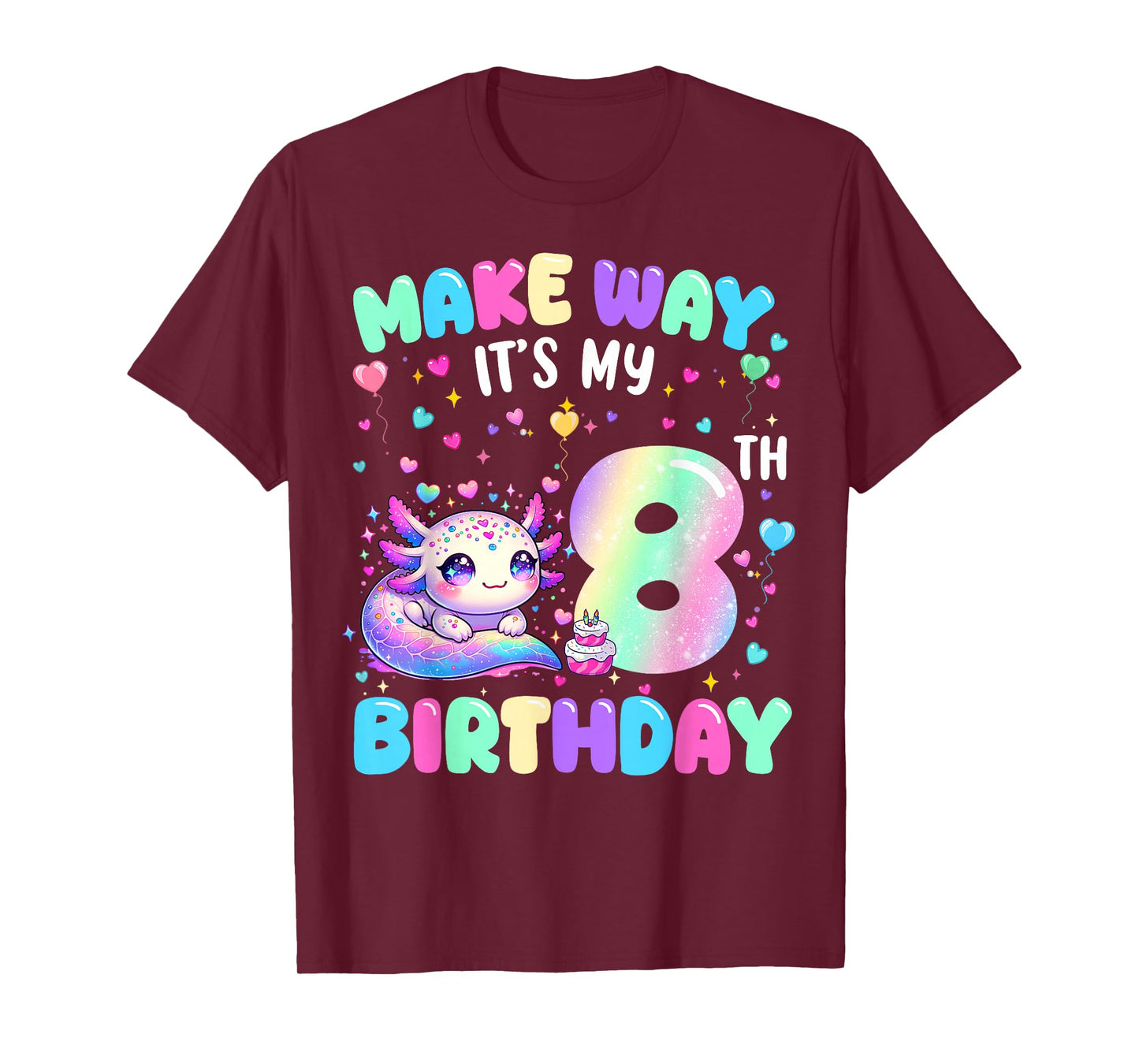It's My 8th Birthday Girl Cute Axolotl 8 Year Old Bday Kids T-Shirt