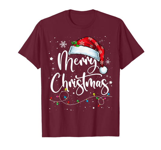 Merry Christmas Lights Santa Hat Xmas Family Matching Pajama T-Shirt