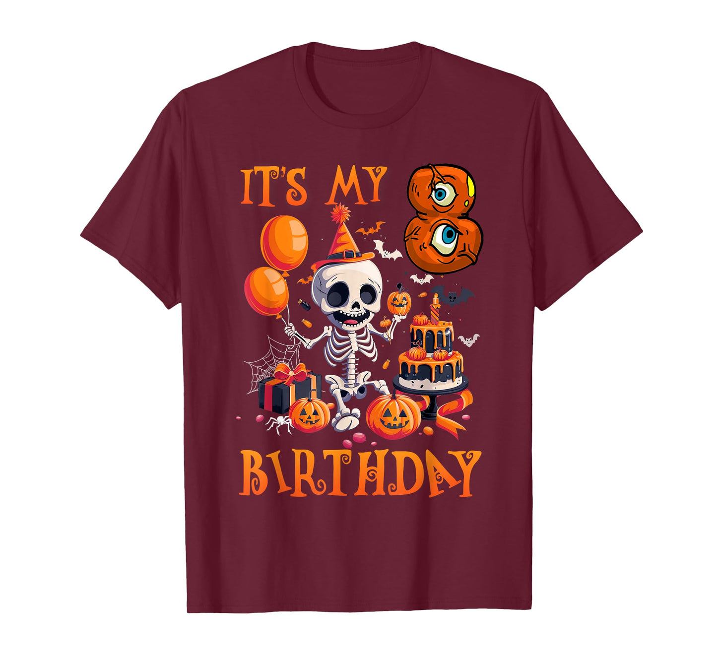 Kids It's My 8th Birthday Boy Halloween Skeleton 8 Years Old T-Shirt