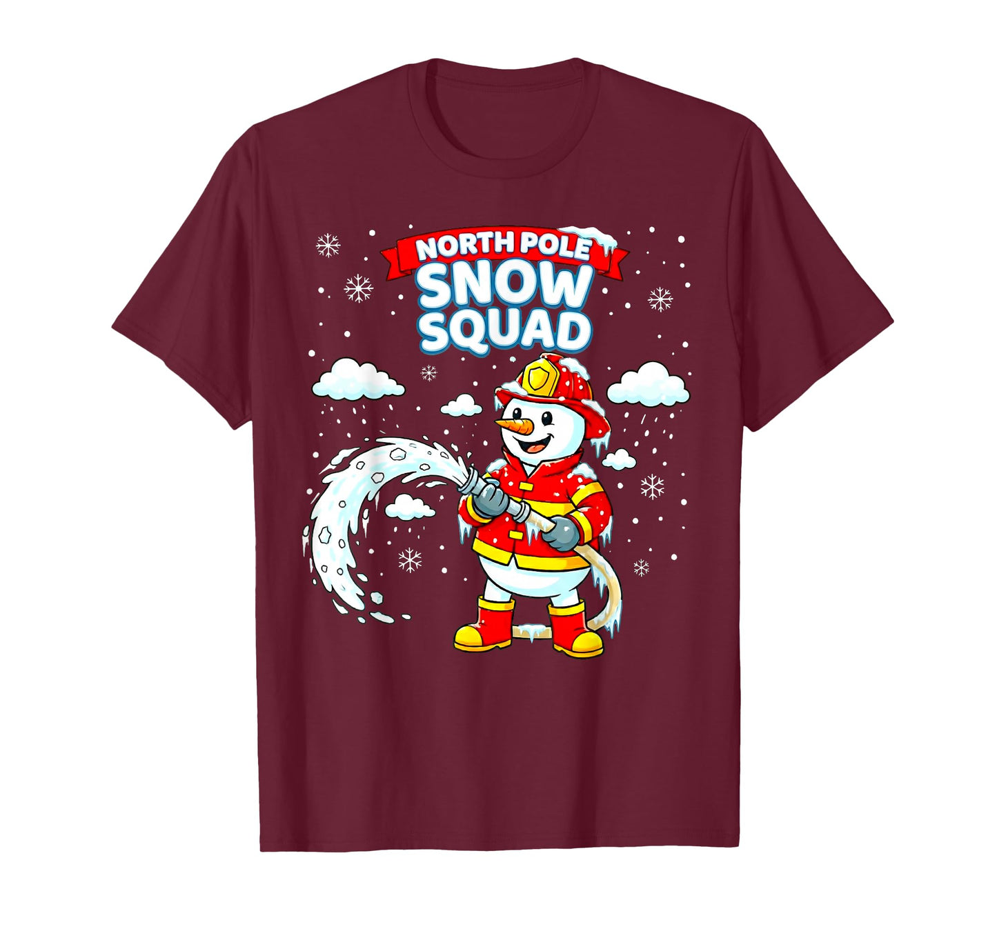 North Pole Snowman Firefighter Christmas Squad Kids Fireman T-Shirt