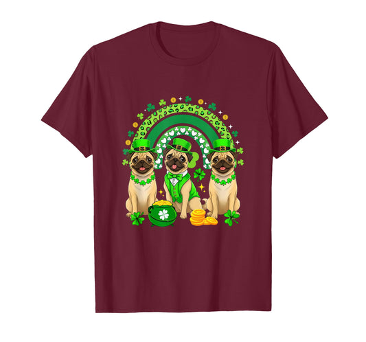 Three Cute Pugs St. Patrick's Day Shamrocks Rainbow T-Shirt