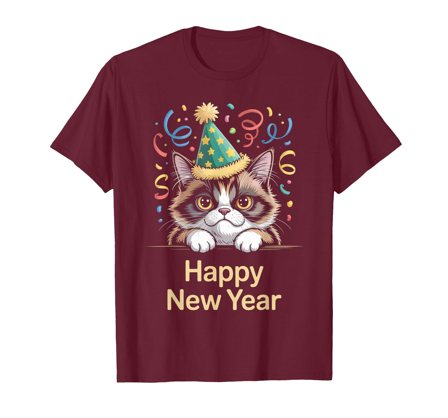 Cute Party Cat Happy New Year Funny New Year’s Eve Tee T-Shirt