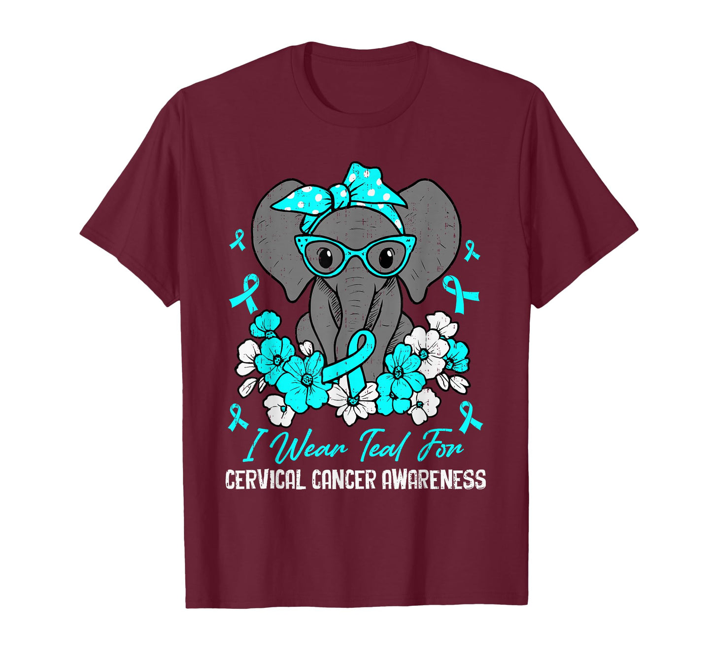 Cervical Cancer Awareness Elephant Ribbon Teal Support T-Shirt