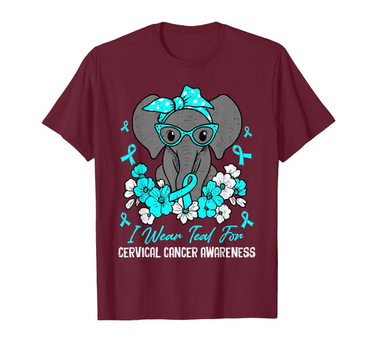 Cervical Cancer Awareness Elephant Ribbon Teal Support T-Shirt