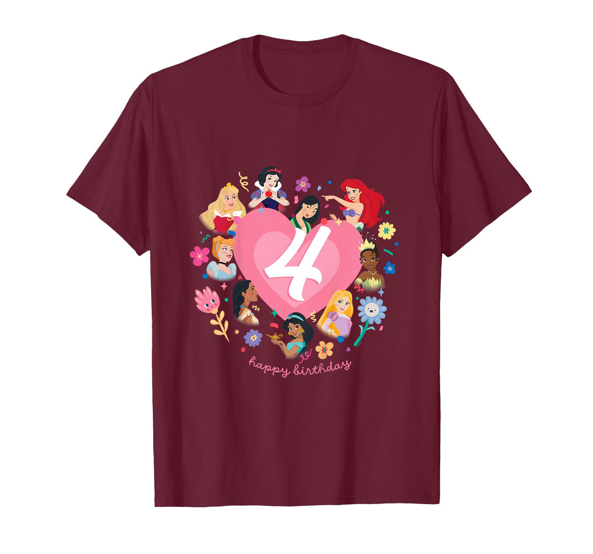 Disney Princess Heart 4 Years Old Happy Fourth Birthday T-Shirt