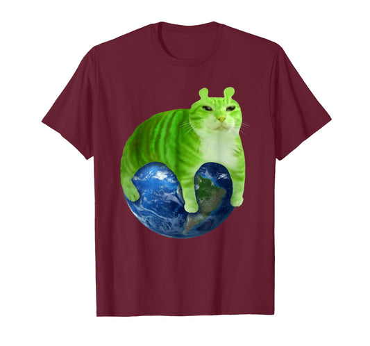 Green Space Cat Sitting On Earth Funny Cosmic Planet Art T-Shirt