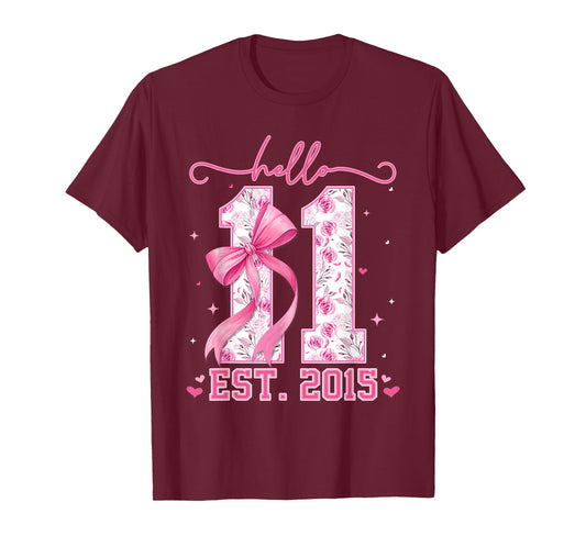 Hello Eleven Est 2015 Pink Coquette Bow 11th Birthday Girl T-Shirt