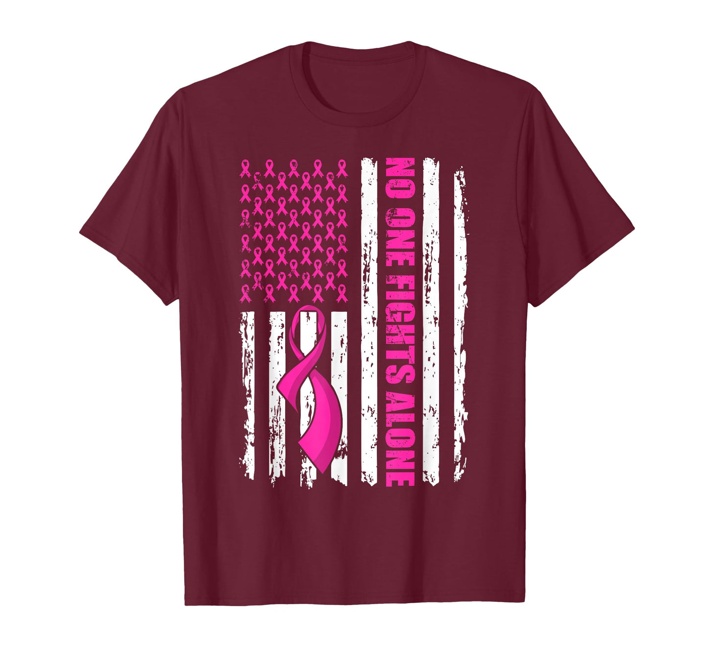 No One Fight Breast Cancer Alone Pink Ribbon American Flag T-Shirt