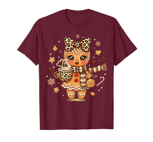 Cute Gingerbread Leopard Coquette Christmas Xmas Women Girl T-Shirt