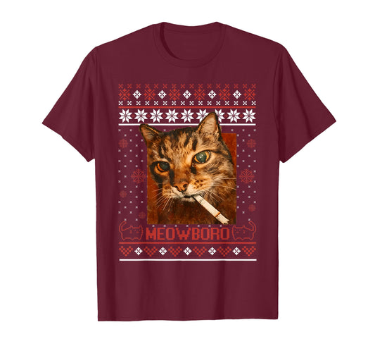Funny Meowboro Smoking Cat Christmas Ugly Sweater Meme Cat T-Shirt