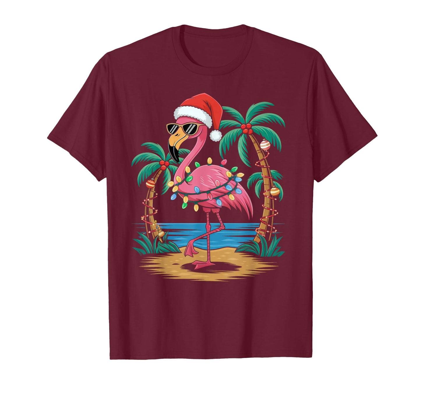 Santa Flamingo Christmas Lights Tropical Palms Tree Beach T-Shirt