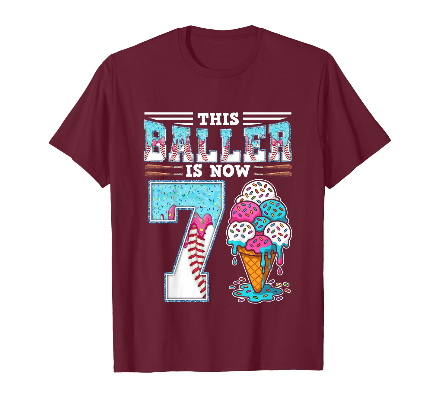 Kids Baller Is Now 7 Year Ice Cream Drip 7th Birthday Baseball T-Shirt