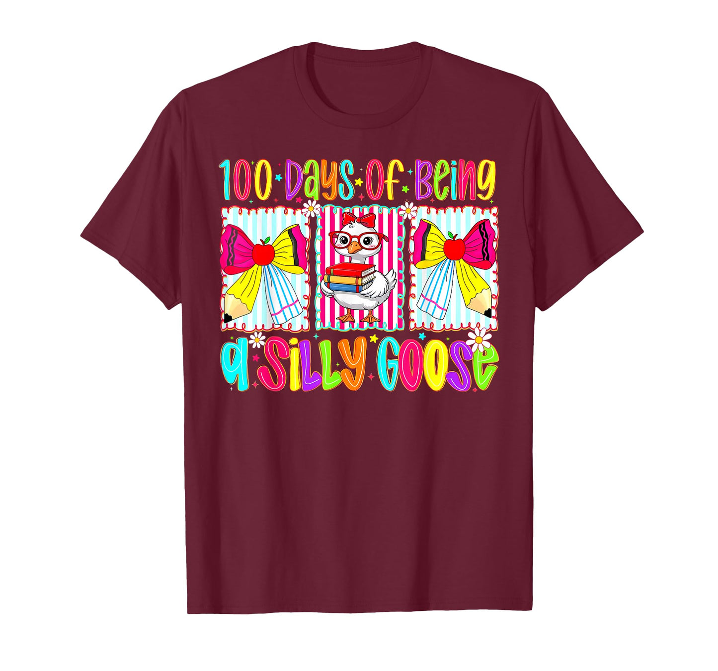 100 Days of School Girls Teacher Bow 100th Day Silly Goose T-Shirt