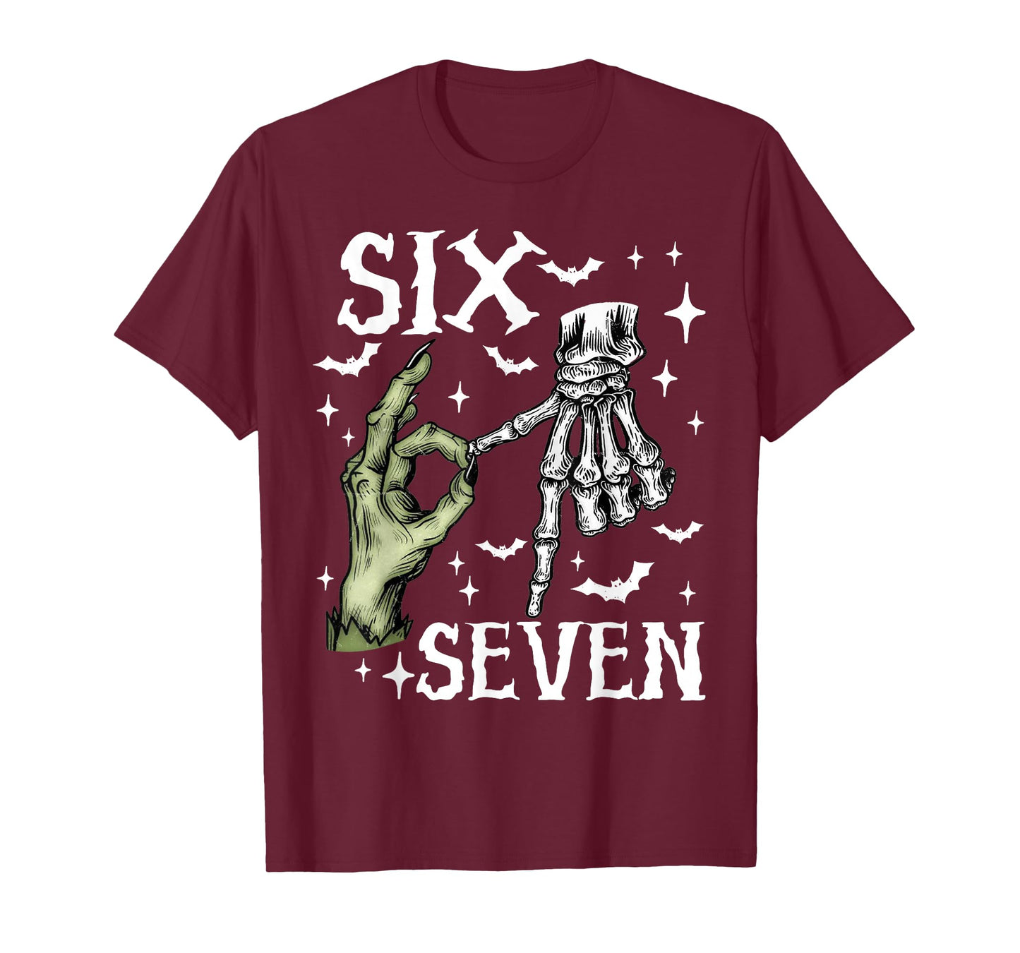 Six Seven 6 7 Meme Saying 6 7 Halloween Skeleton Hands Sign T-Shirt