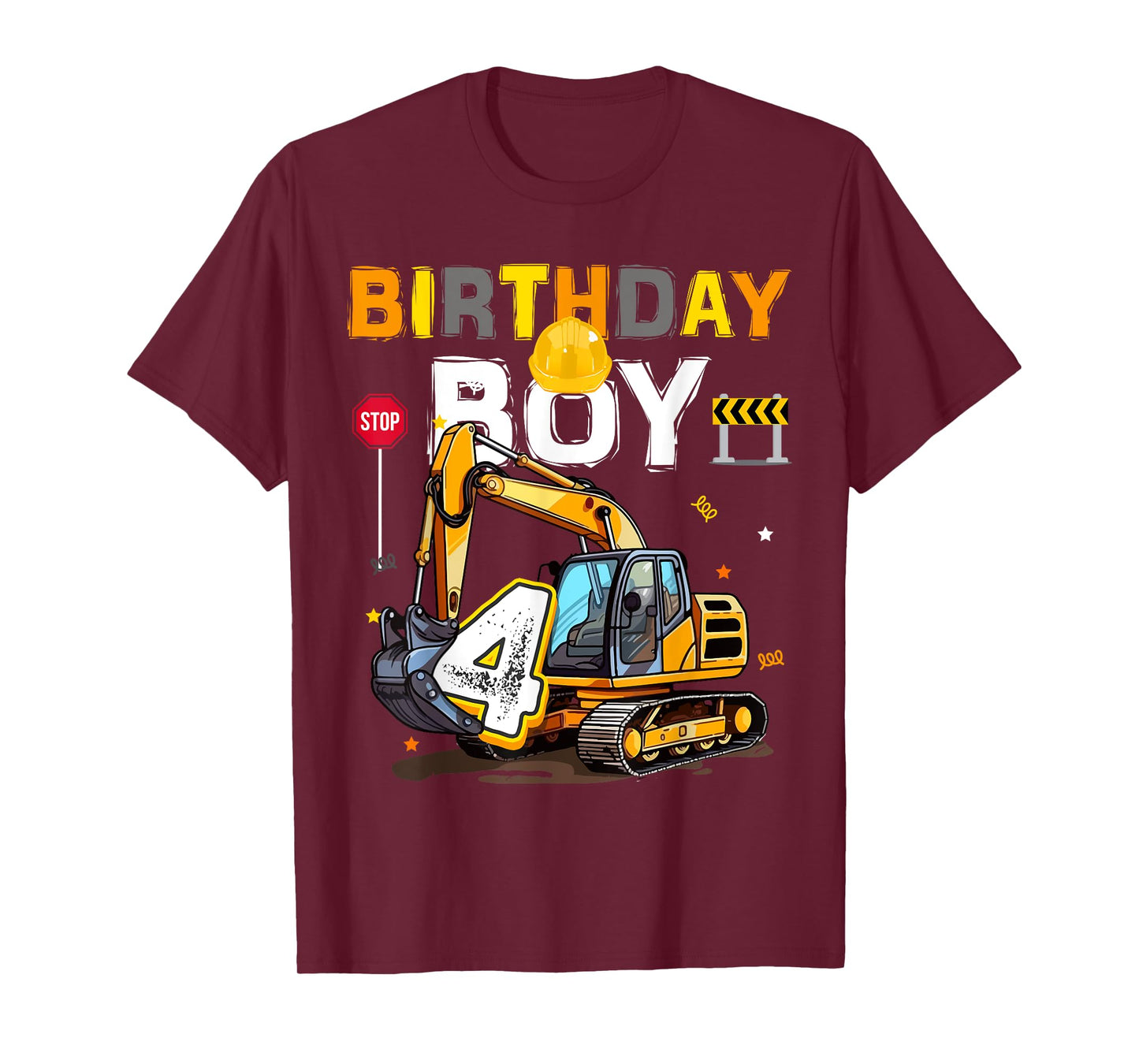 4th Birthday Boy 4 Years Old Excavator Four Decorations T-Shirt