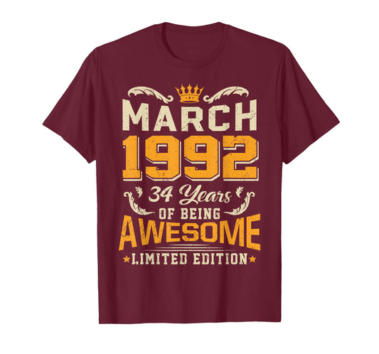 March 1992 Vintage 34 Years Awesome 34th Birthday Mar T-Shirt