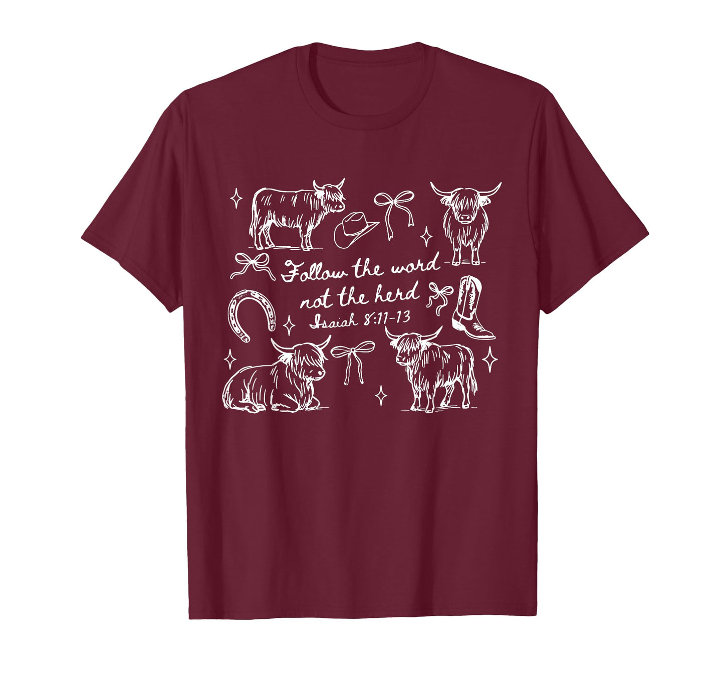 Coquette Bow Highland Cow Follow The Word Not The Herd Bible T-Shirt