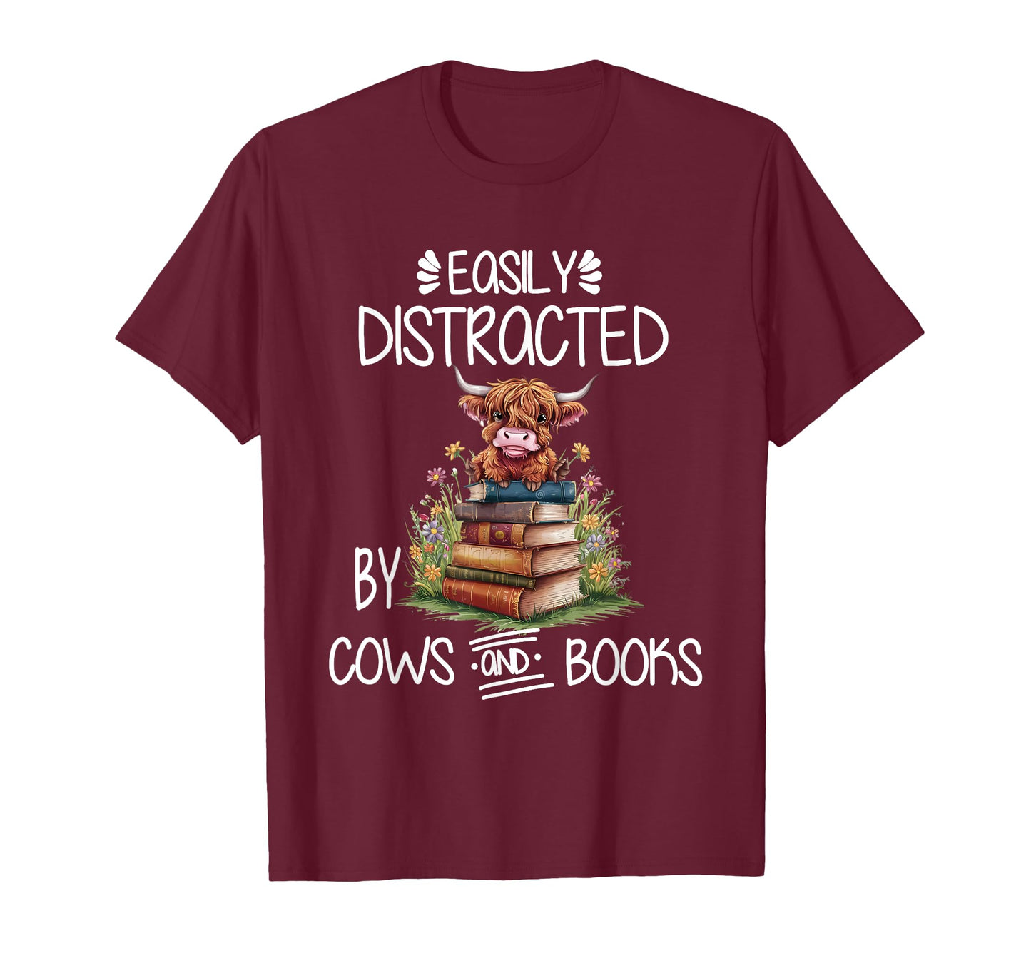 Easily Distracted By Cows And Books Highland Cow Book Lover T-Shirt