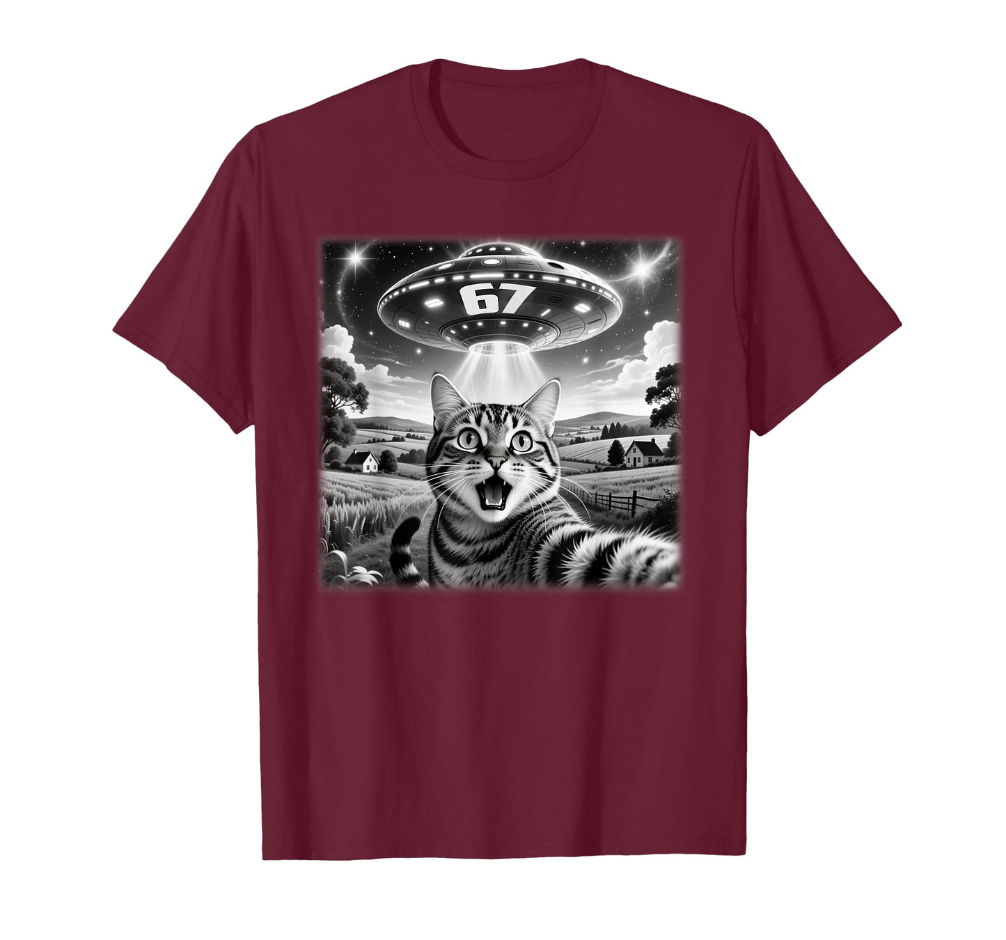 67 Meme 6 7 Cat Selfie UFO Alien Funny Six Seven Saying T-Shirt